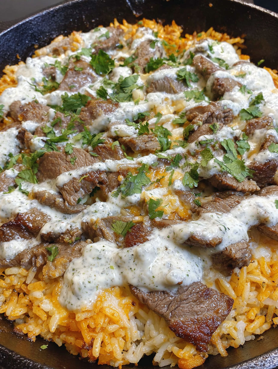 A close up of a dish with meat and rice.