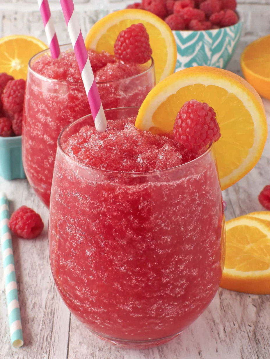 Two glasses of red raspberry orange slushies.