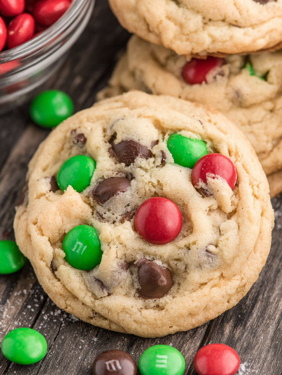 A close up of a cookie with chocolate chips and green and red M&M's.