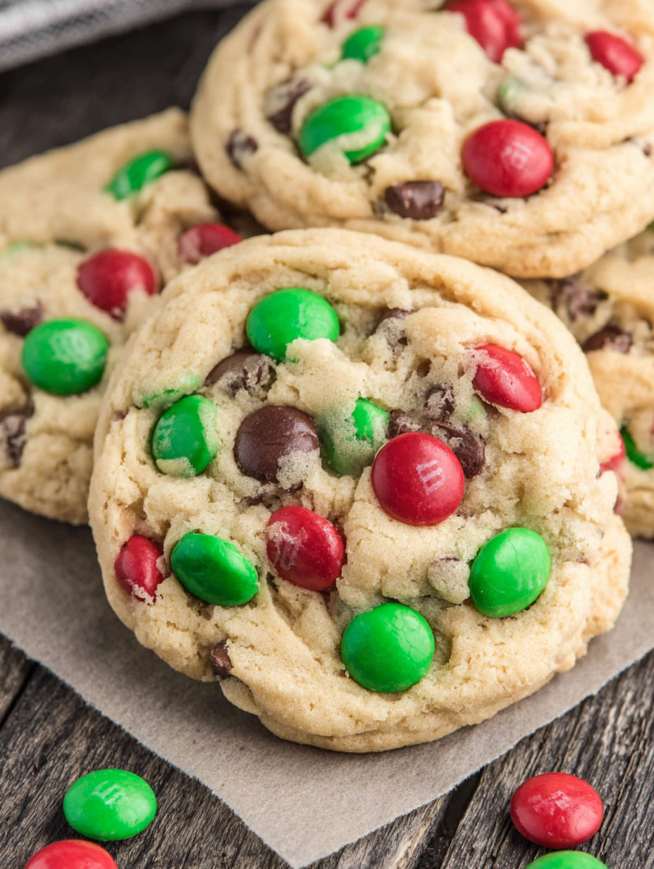 A close up of a chocolate chip cookie with green and red M&M's.