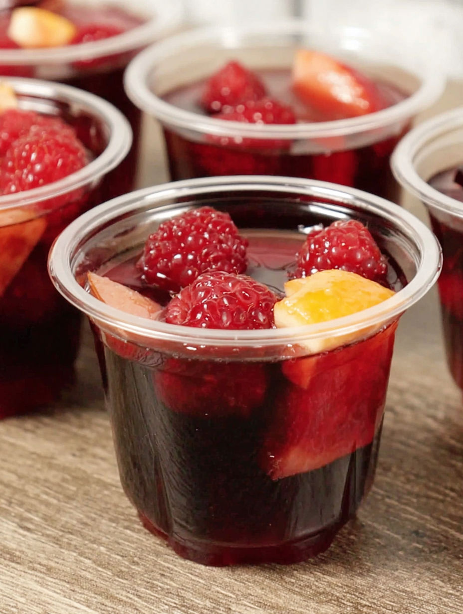 A cup of fruit with a strawberry and orange slice.