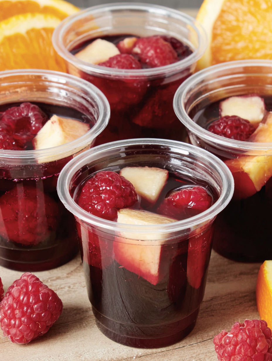 A glass of red wine with fruit in it.