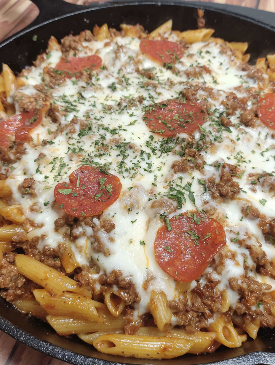 A delicious pasta dish with pepperoni and cheese.