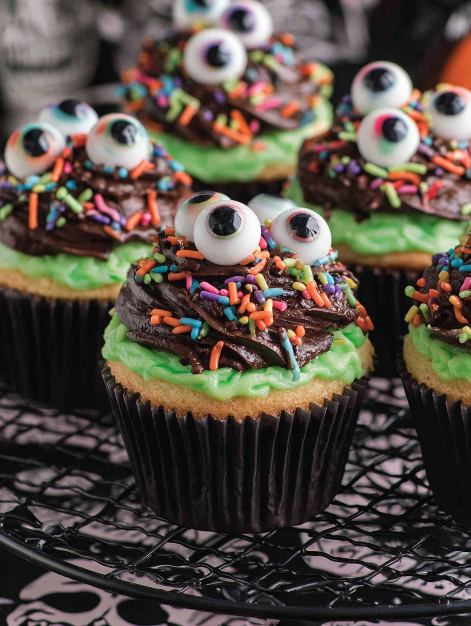 A cupcake with a green frosting and a chocolate frosting.