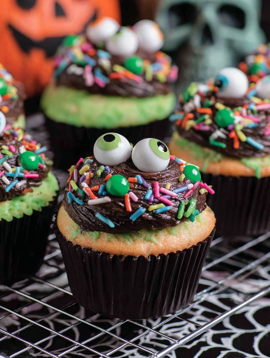 A cupcake with a green and brown frosting and a green eye.