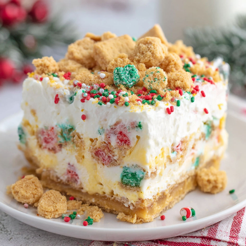 A slice of Christmas Cookie Lasagna.