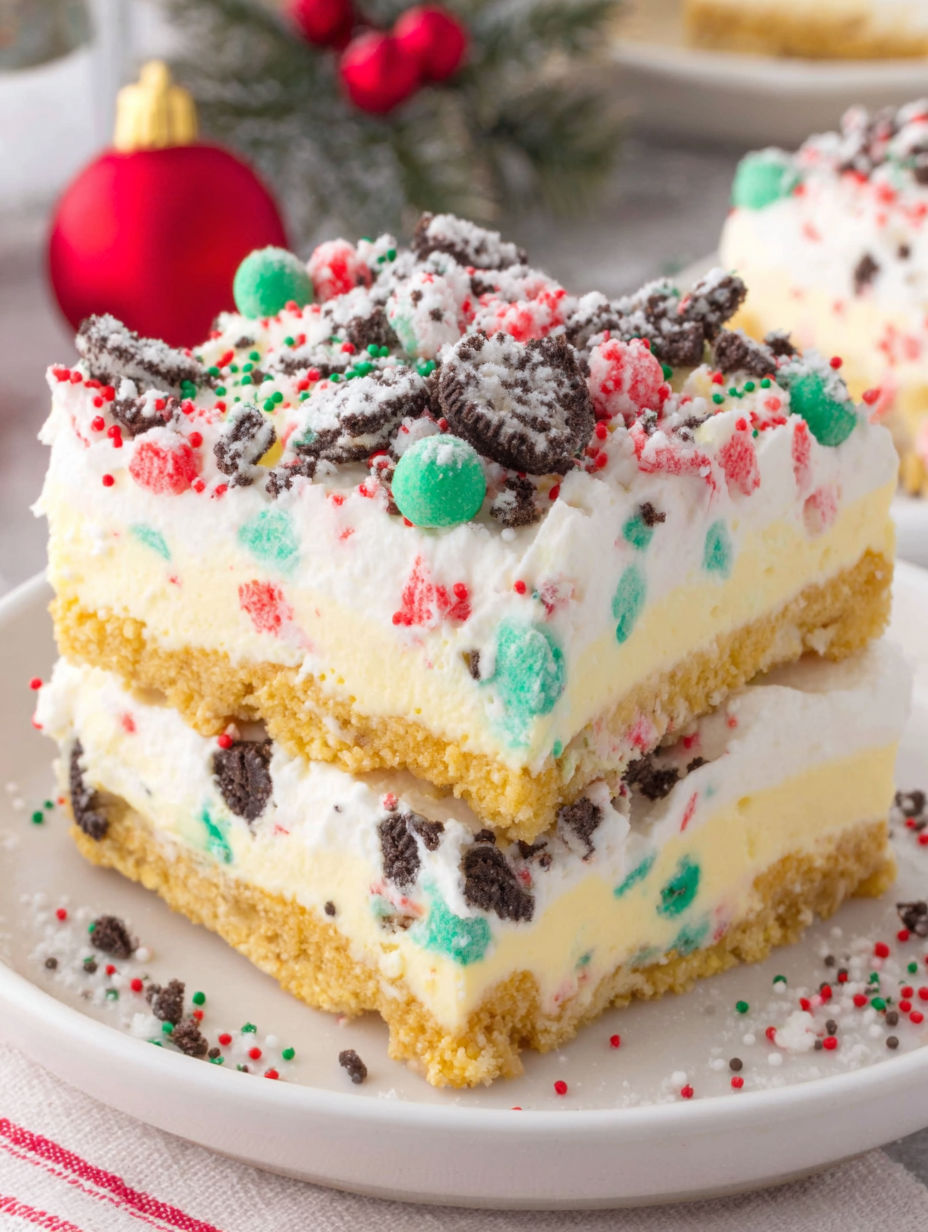 A cake with white frosting and green and red sprinkles.