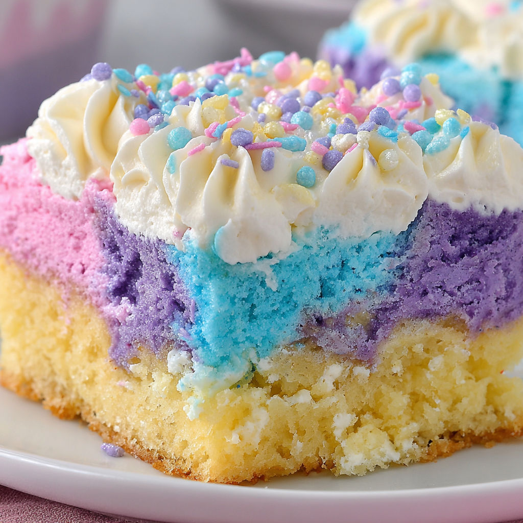 A slice of a colorful cake with white frosting and sprinkles.