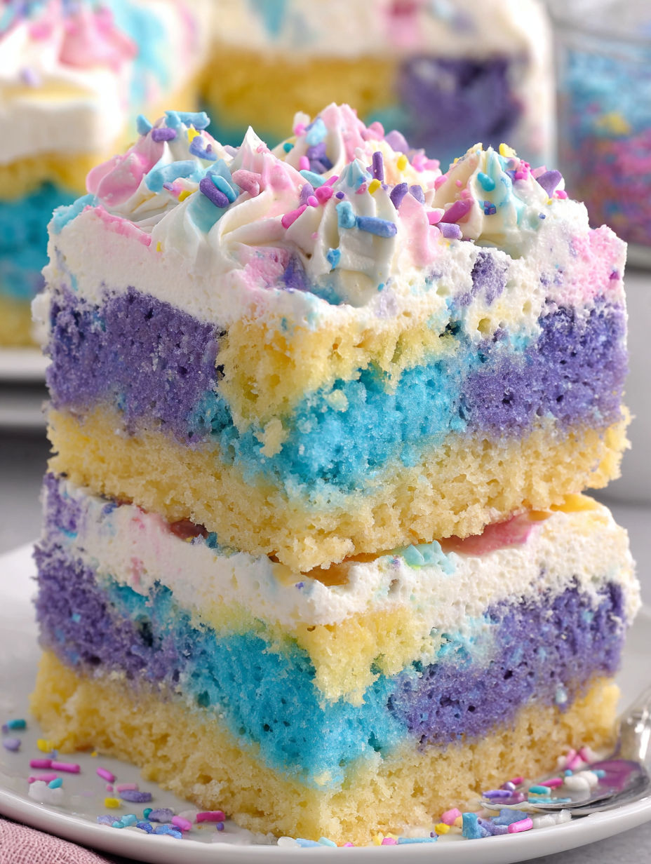 A slice of cake with yellow, blue, and purple frosting.