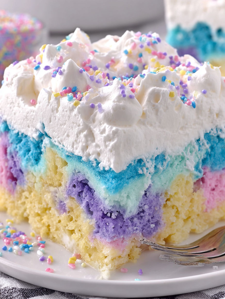 A slice of cake with white frosting and sprinkles.