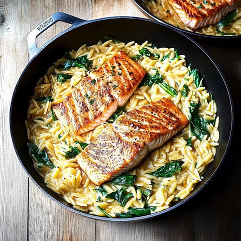 One Skillet Salmon with Lemon Orzo