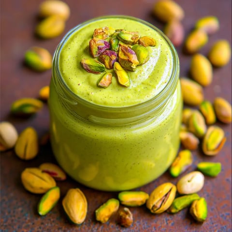 A jar of pistachio butter with nuts on top.
