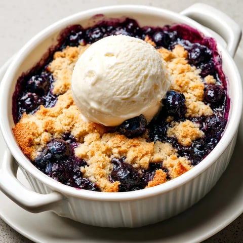 A bowl of blueberry cobbler with a scoop of ice cream on top.