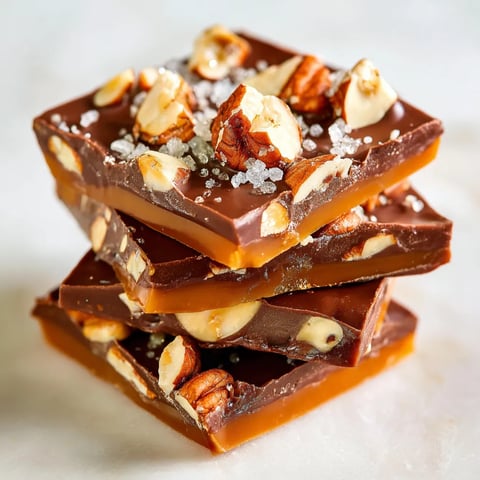 A stack of chocolate toffee bars with nuts on top.