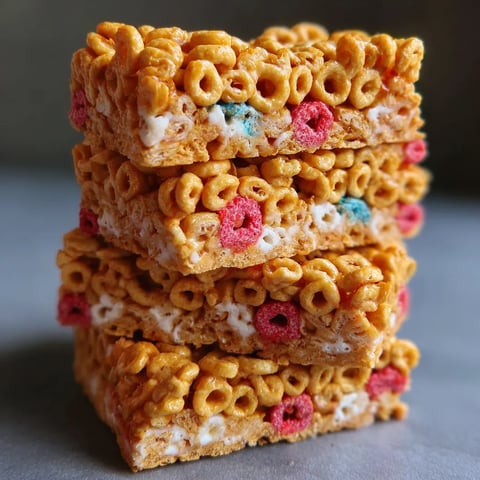 A stack of cereal bars with colorful toppings.