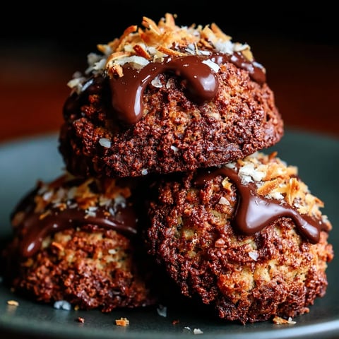 A stack of chocolate coconut cookies.