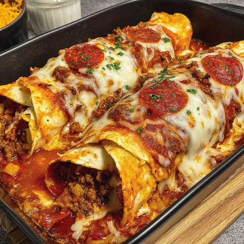 A pan of pizza enchiladas.