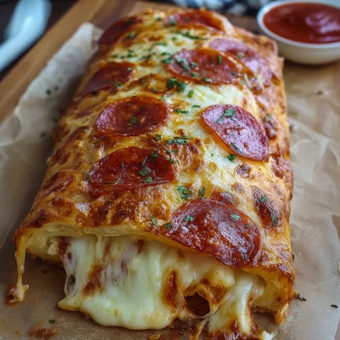 A cheesy pepperoni stromboli on a table.