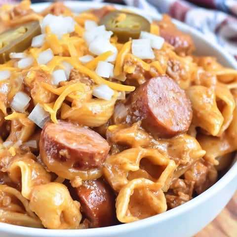 A bowl of chili dog mac and cheese.