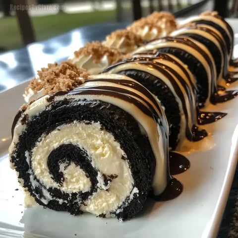 A plate of Oreo treat with chocolate and cream.