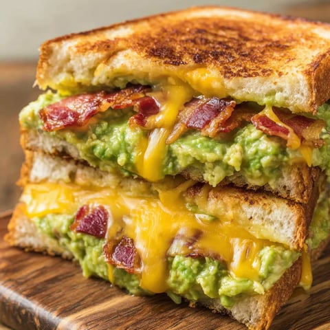 A gooey cheese sandwich filled with bacon and guacamole.
