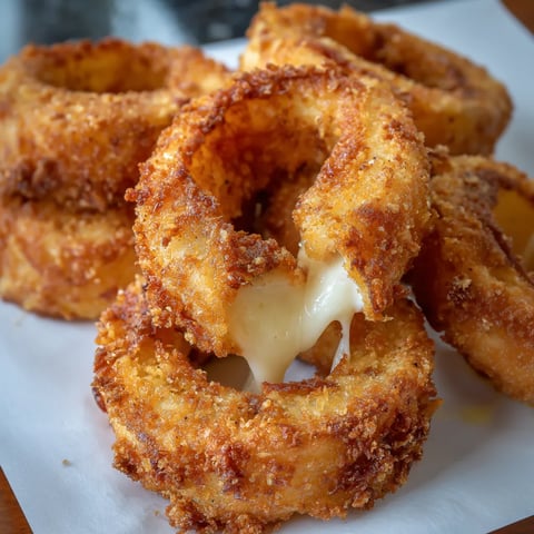 A dish of crispy, cheesy onion rings.