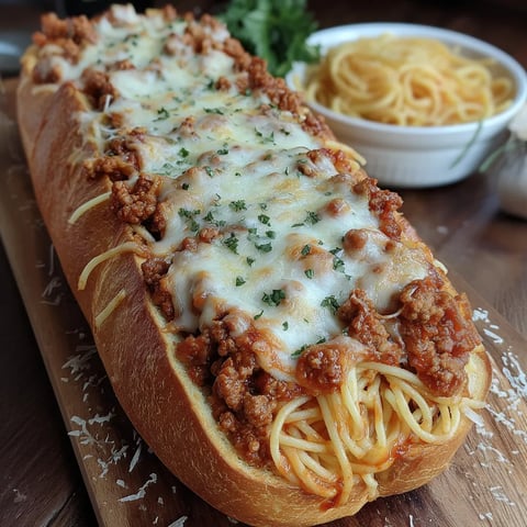 Crispy bread boat stuffed with spaghetti and topped with melted cheese.