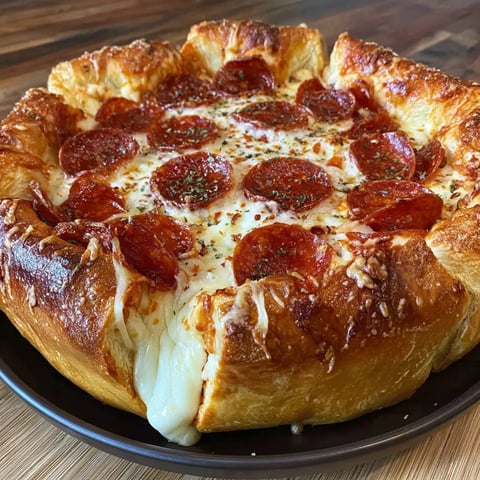 A stuffed crust pizza covered in pepperoni.