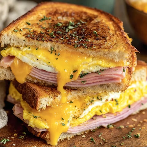 A sandwich made with ham, eggs, and melted cheese.