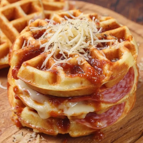 Stacked golden waffles topped with melted cheese and pepperoni.