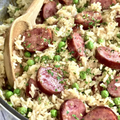 Sausage and rice skillet with peas.