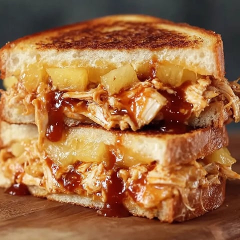 Grilled sandwich filled with BBQ chicken and pineapple.