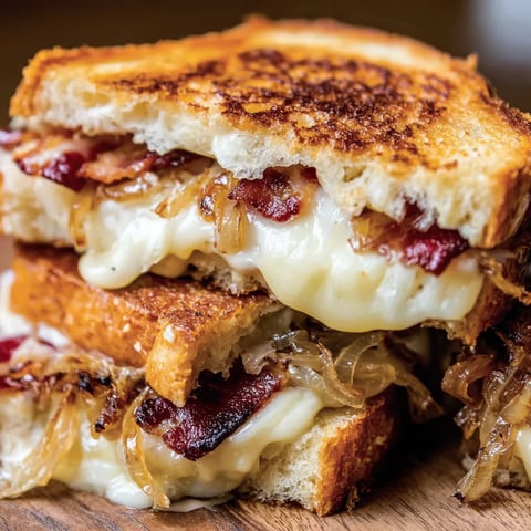 A bacon-filled grilled cheese sandwich on a plate.