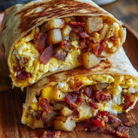 A loaded breakfast wrap with bacon, eggs, and cheese.