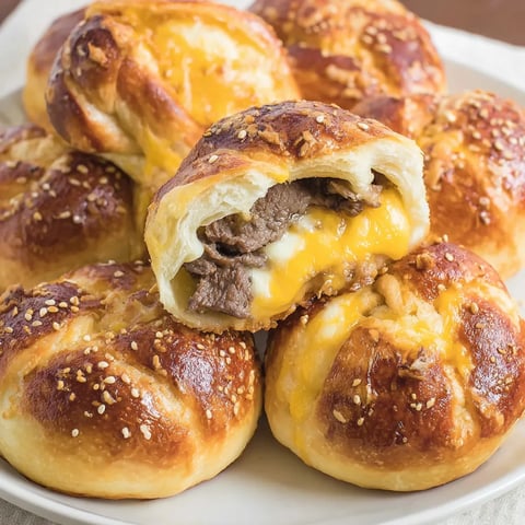 Golden pretzels filled with steak and cheese.