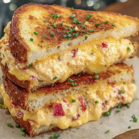 Stacked golden grilled sandwiches with creamy pimento filling.