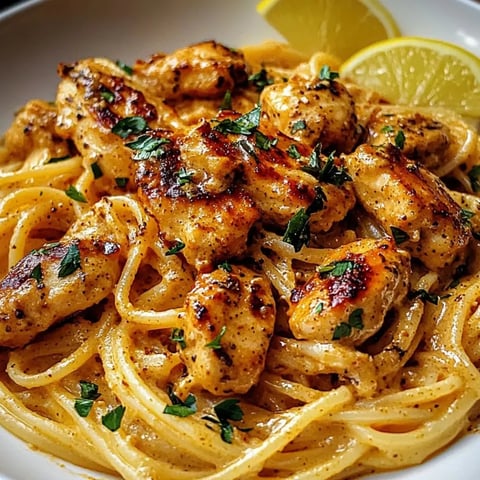 A dish of linguine with juicy chicken and lemon slices.