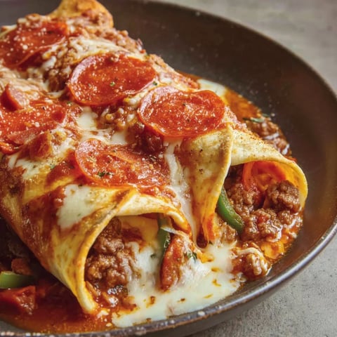 A close-up of baked cheesy beef wraps.