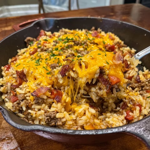 A delicious plate filled with cheesy rice and bacon.