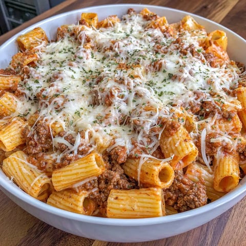 A bowl of rigatoni with cheese and beef.