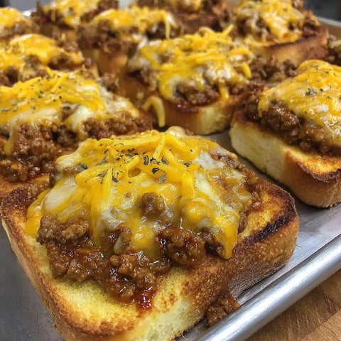 Crispy cheesy toast topped with sloppy joe filling.