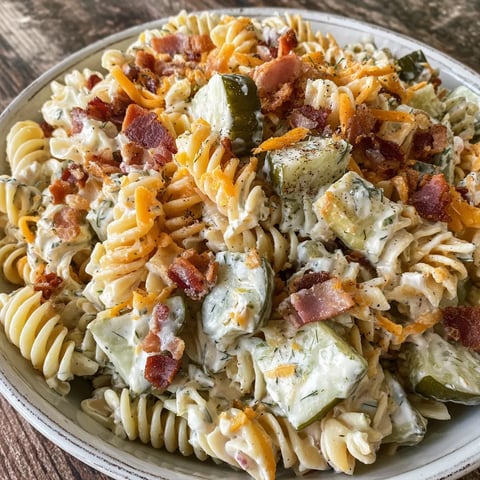 A bowl overflowing with creamy pasta topped with pickles and bacon.