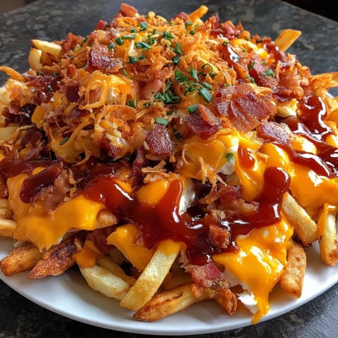 A loaded plate of cheesy fries with bacon and BBQ sauce.