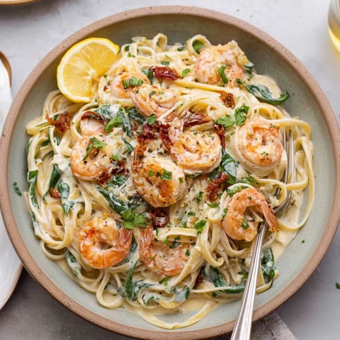 A dish of creamy pasta with Tuscan shrimp.