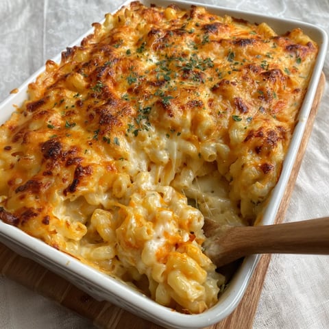 Bowl of cheesy macaroni with golden crust.