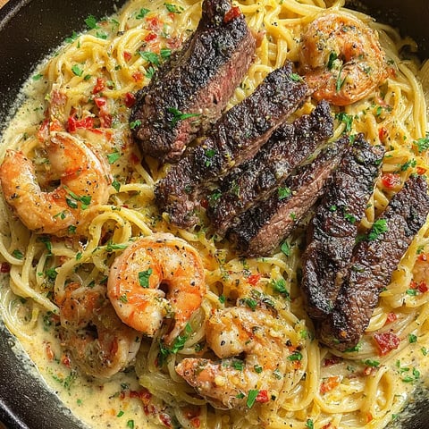 Plate of a creamy surf and turf dish.