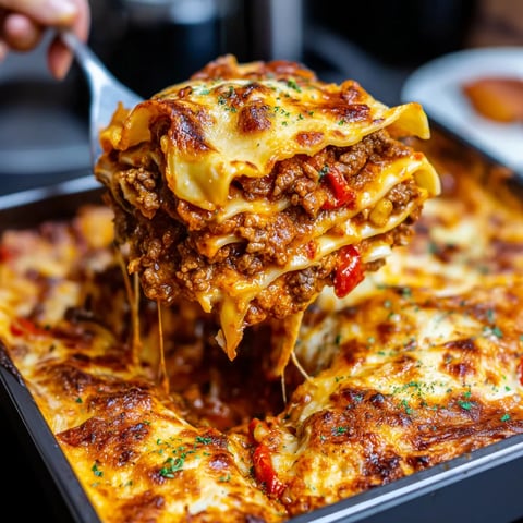 A close-up view of a bubbly roasted pepper lasagna with smokiness.