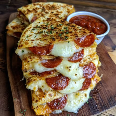 Stacked pizza quesadillas with pepperoni.