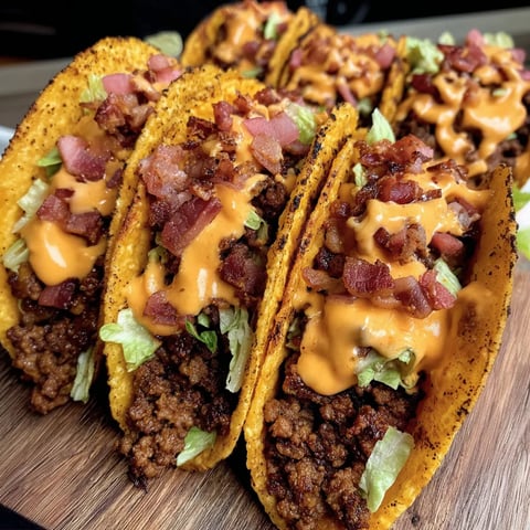 A delicious plate of cheeseburger tacos with crispy bacon.