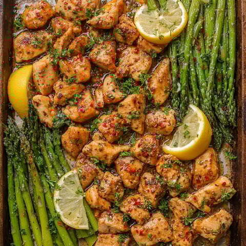 A pan of chicken and asparagus.